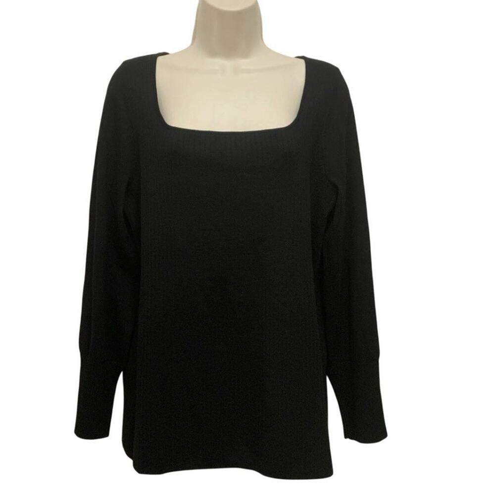 Talbots Black Merino Wool Ribbed Sweater XL Plus Square Neck Blouson Sleeve